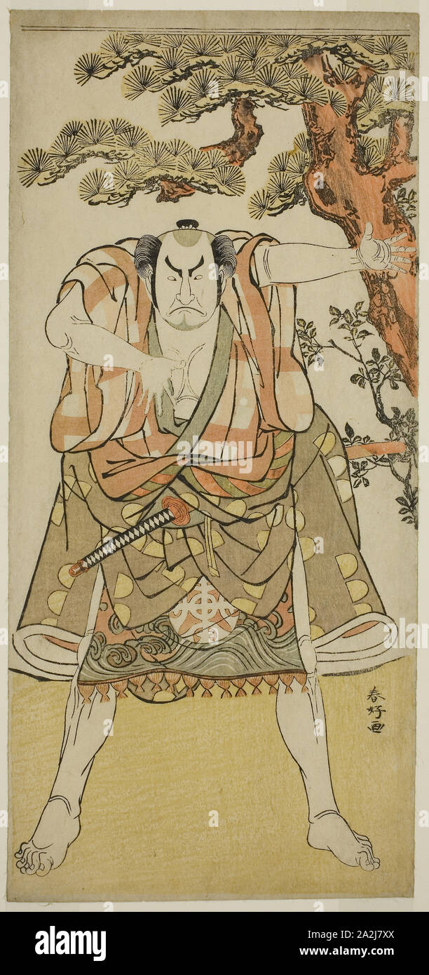 The Actor Nakamura Nakazo I as the Yakko Nakahei Disguised as Miura Arajiro (?) from the Play Ise Heishi Eigo no Koyomi (?), Performed at the Ichimura Theater (?) in the Eleventh Month, 1782 (?), c. 1782, Katsukawa Shunko I, Japanese, 1743-1812, Japan, Color woodblock print, hosoban, 32.6 x 15.1 cm (12 13/16 x 5 15/16 in Stock Photo