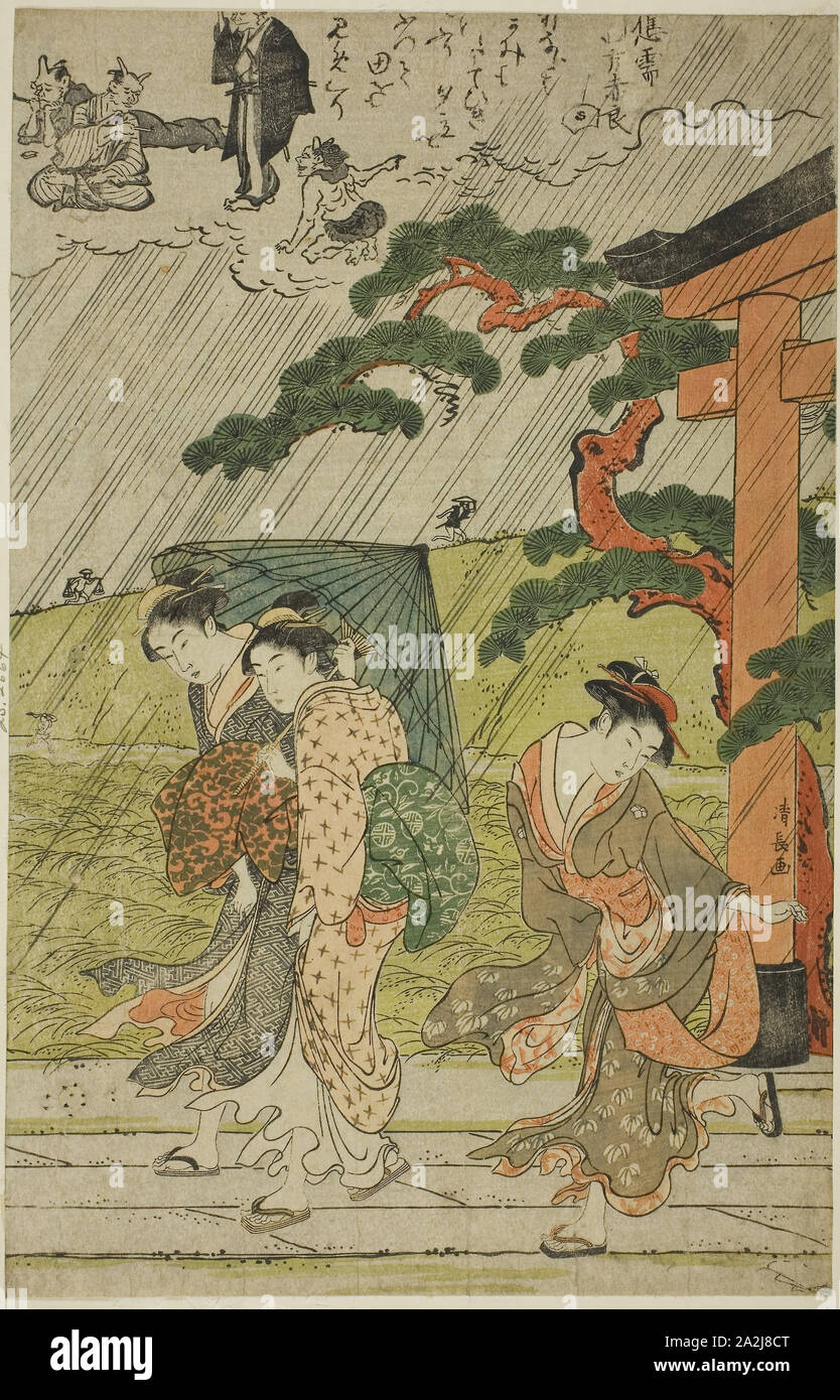 Sudden Shower at Mimeguri Shrine, c. 1787, Torii Kiyonaga, Japanese, 1752-1815, Japan, Color woodblock print, right sheet of oban triptych, 35.0 x 22.5 cm Stock Photo