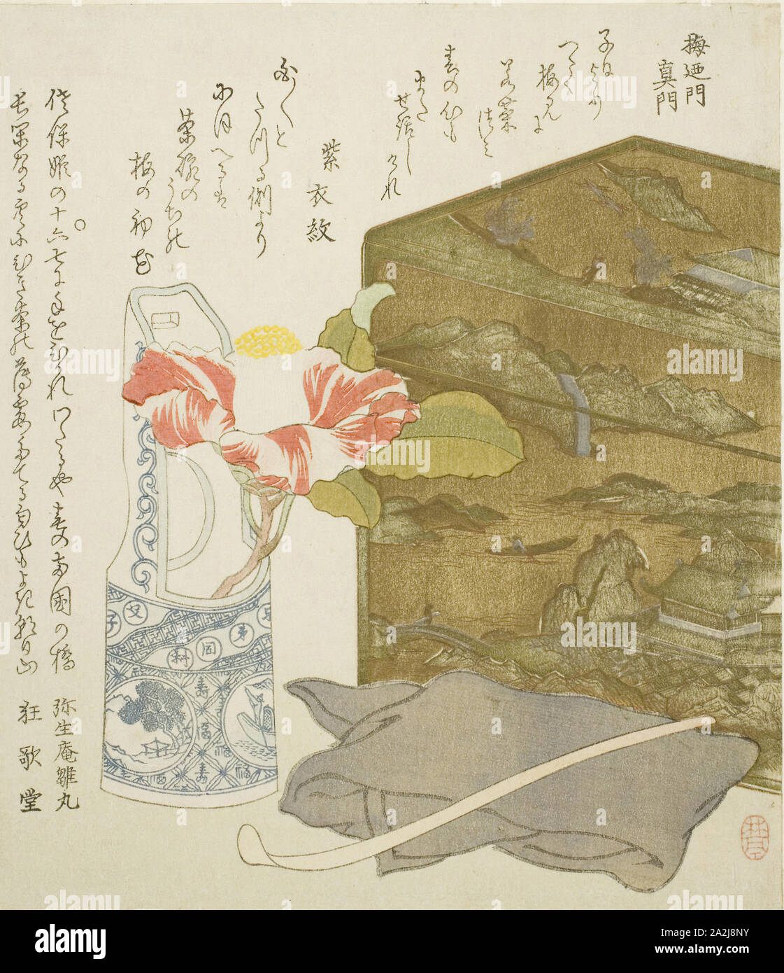 Camellia in Vase and Tea-utensil Box, 1820s, Rintei, Japanese, 19th century, Japan, Color woodblock print, shikishiban, surimono, 22.2 x 19.4 cm (8 3/4 x 7 5/8 in Stock Photo
