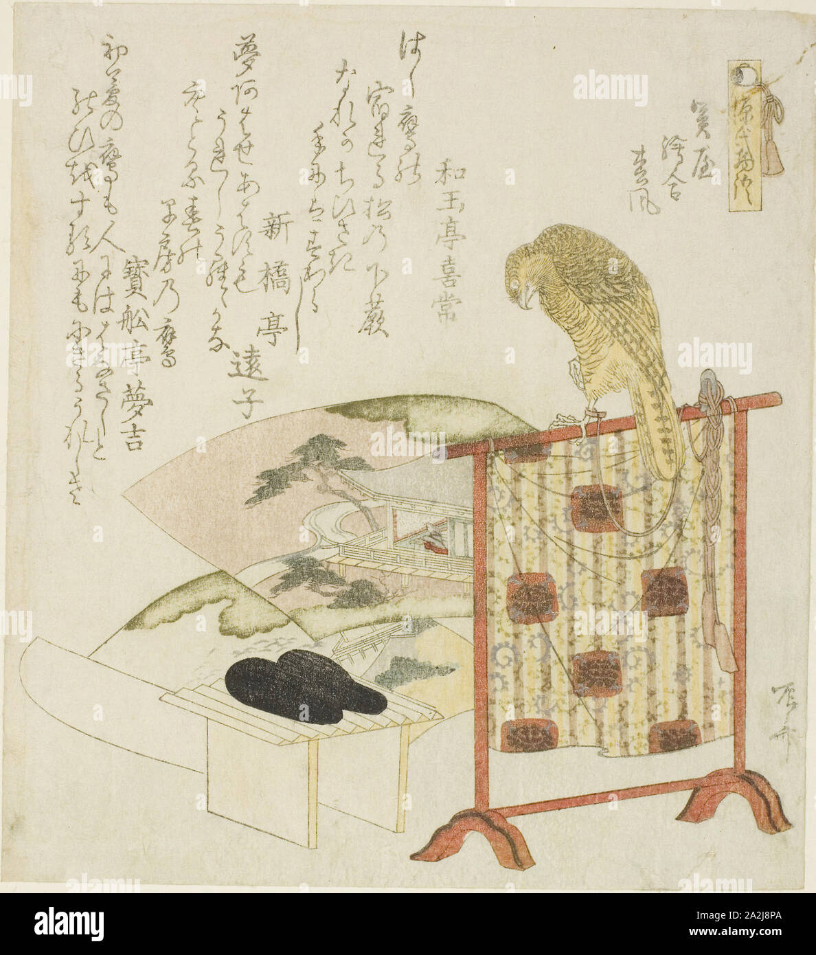 Sekiya, E-awase, and Matsukaze, from the series The Tale of Genji (Genji monogatari), c. 1819/20, Ryuryukyo Shinsai, Japanese, c. 1764-1820, Japan, Color woodblock print, shikishiban, surimono, 19.5 x 17.8 cm Stock Photo