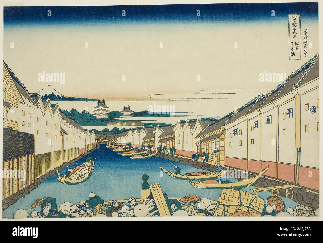 Nihonbashi Bridge in Edo (Edo Nihonbashi), from the series Thirty-six Views of Mount Fuji (Fugaku sanjurokkei), c. 1830/33, Katsushika Hokusai 葛飾 北斎, Japanese, 1760-1849, Japan, Color woodblock print, oban, 10 1/16 x 14 3/4 in Stock Photo