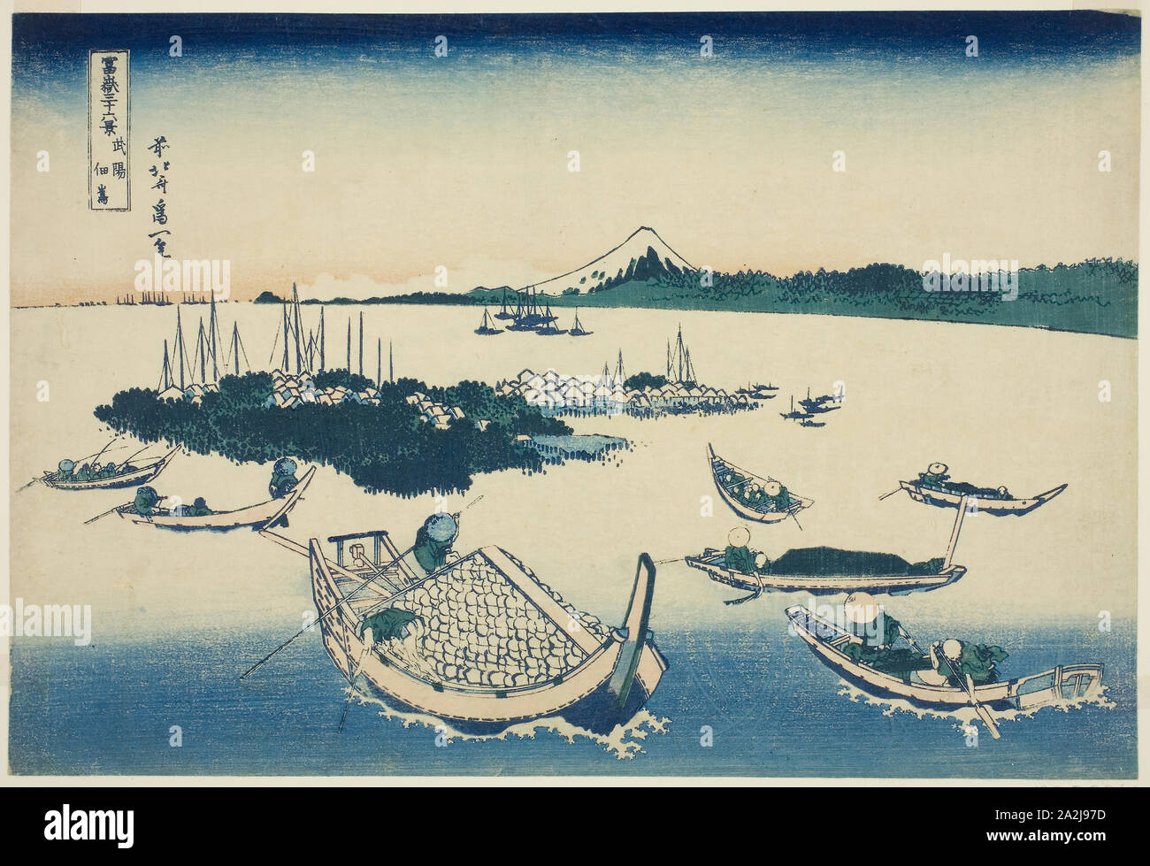 Tsukudajima in Musashi Province (Buyo Tsukudajima), from the series Thirty-six Views of Mount Fuji (Fugaku sanjurokkei), c. 1830/33, Katsushika Hokusai 葛飾 北斎, Japanese, 1760-1849, Japan, Color woodblock print, oban, 10 x 14 5/8 in Stock Photo