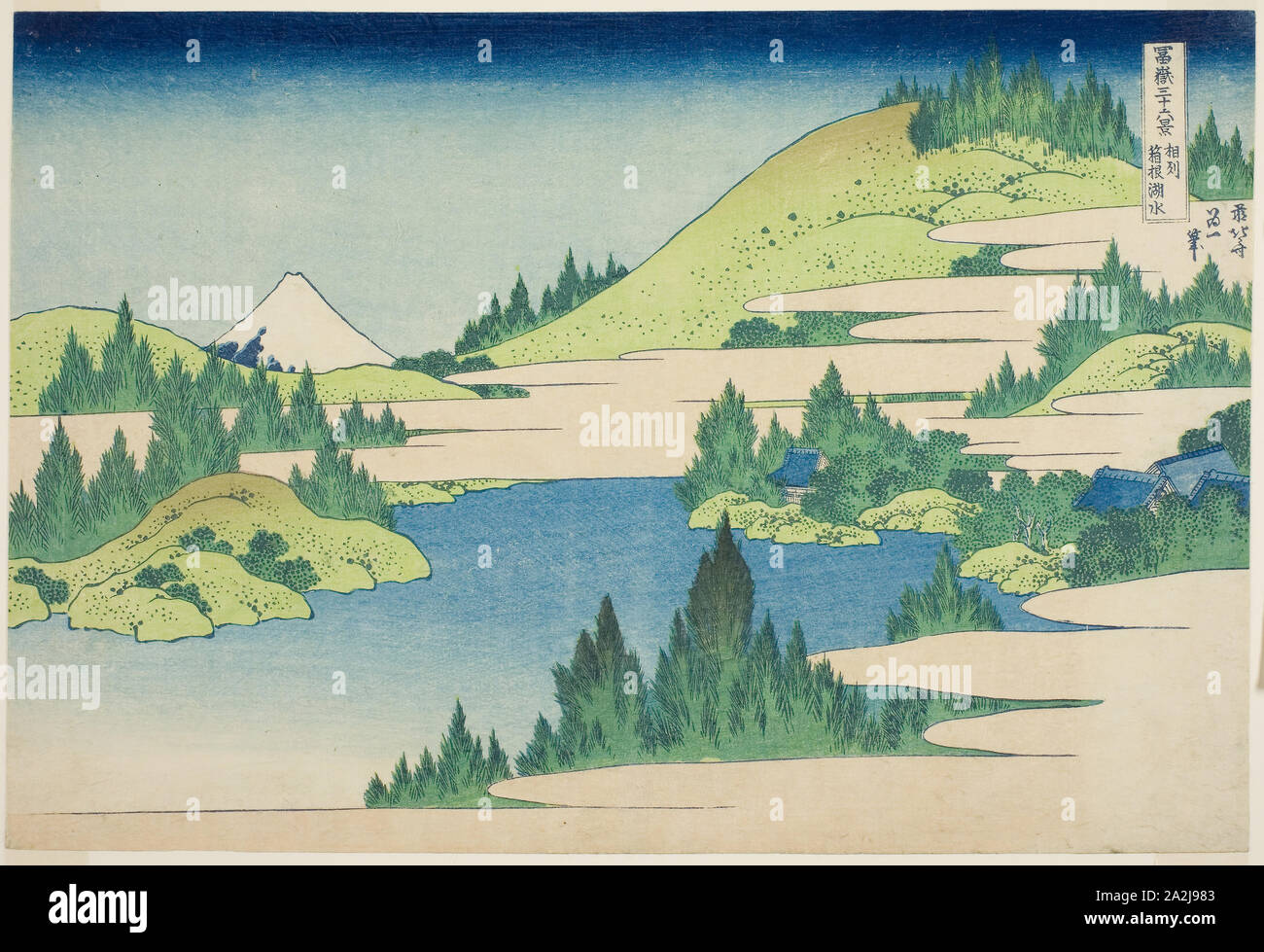Lake Hakone in Sagami Province (Soshu Hakone Kosui), from the series Thirty-six Views of Mount Fuji (Fugaku sanjurokkei), c. 1830/33, Katsushika Hokusai 葛飾 北斎, Japanese, 1760-1849, Japan, Color woodblock print, oban, 10 1/16 x 14 3/4 in Stock Photo