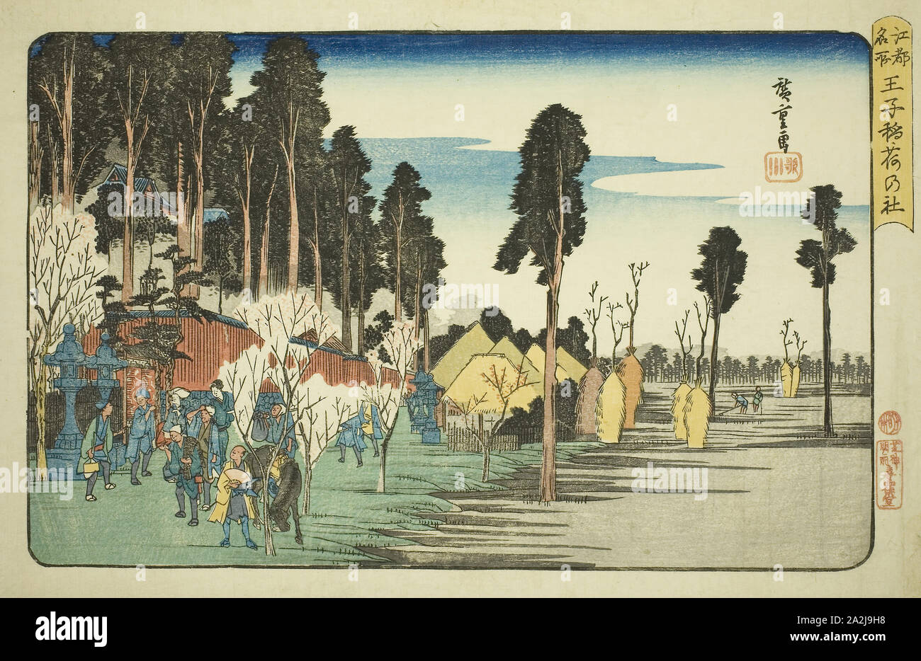 Inari Shrine at Oji (Oji Inari no yashiro), from the series Famous Places in Edo (Koto meisho), c. 1832/34, Utagawa Hiroshige 歌川 広重, Japanese, 1797-1858, Japan, Color woodblock print, oban, 25 x 38.3 cm (9 13/16 x 15 1/16 in Stock Photo