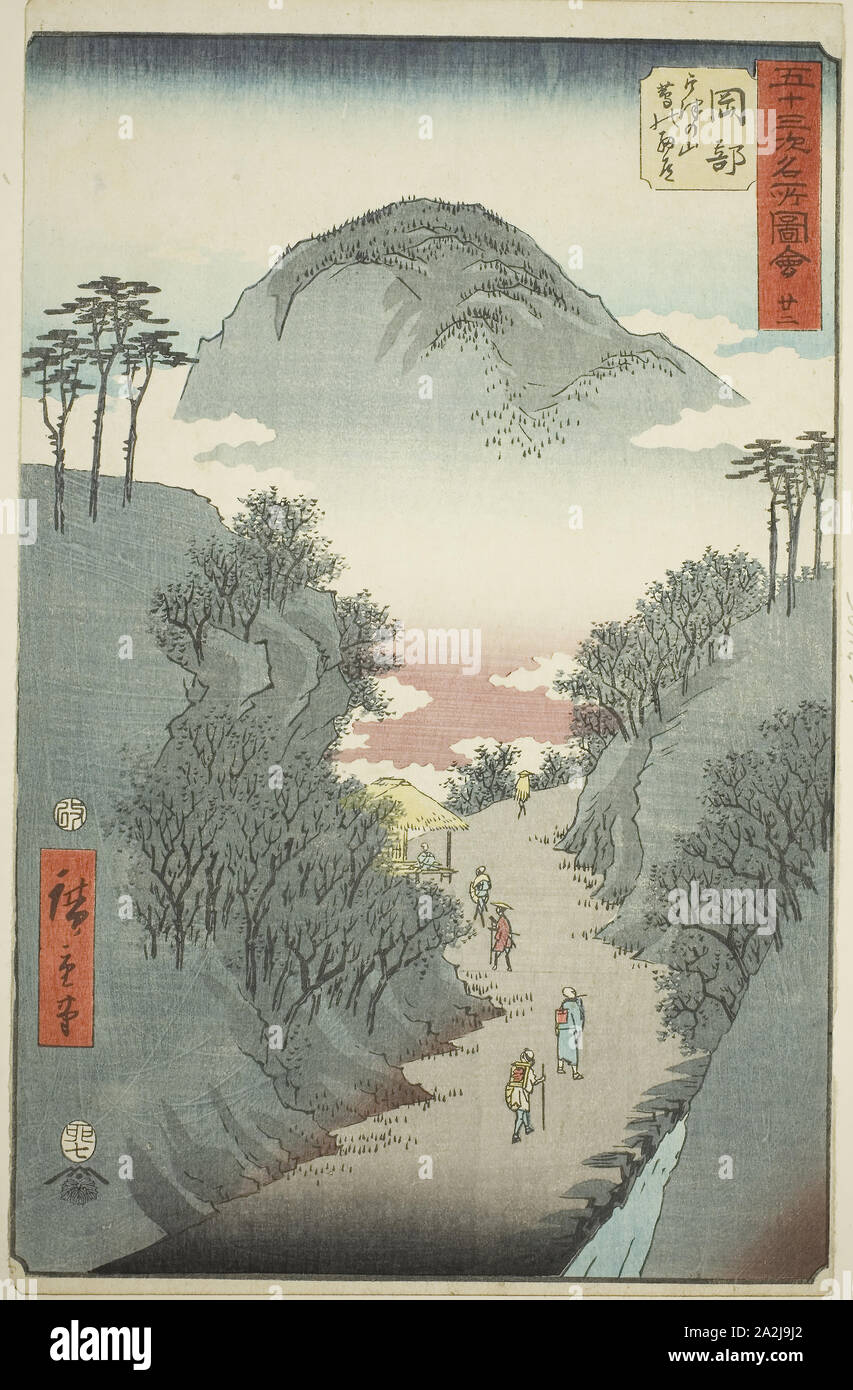 Okabe: Narrow Ivy-covered Road at Mount Utsu (Okabe, Utsu no yama tsuta no hosomichi), no. 22 from the series Famous Sights of the Fifty-three Stations (Gojusan tsugi meisho zue), also known as the Vertical Tokaido, 1855, Utagawa Hiroshige 歌川 広重, Japanese, 1797-1858, Japan, Color woodblock print, oban, 35.6 x 22.6 cm (14 x 8 7/8 in Stock Photo