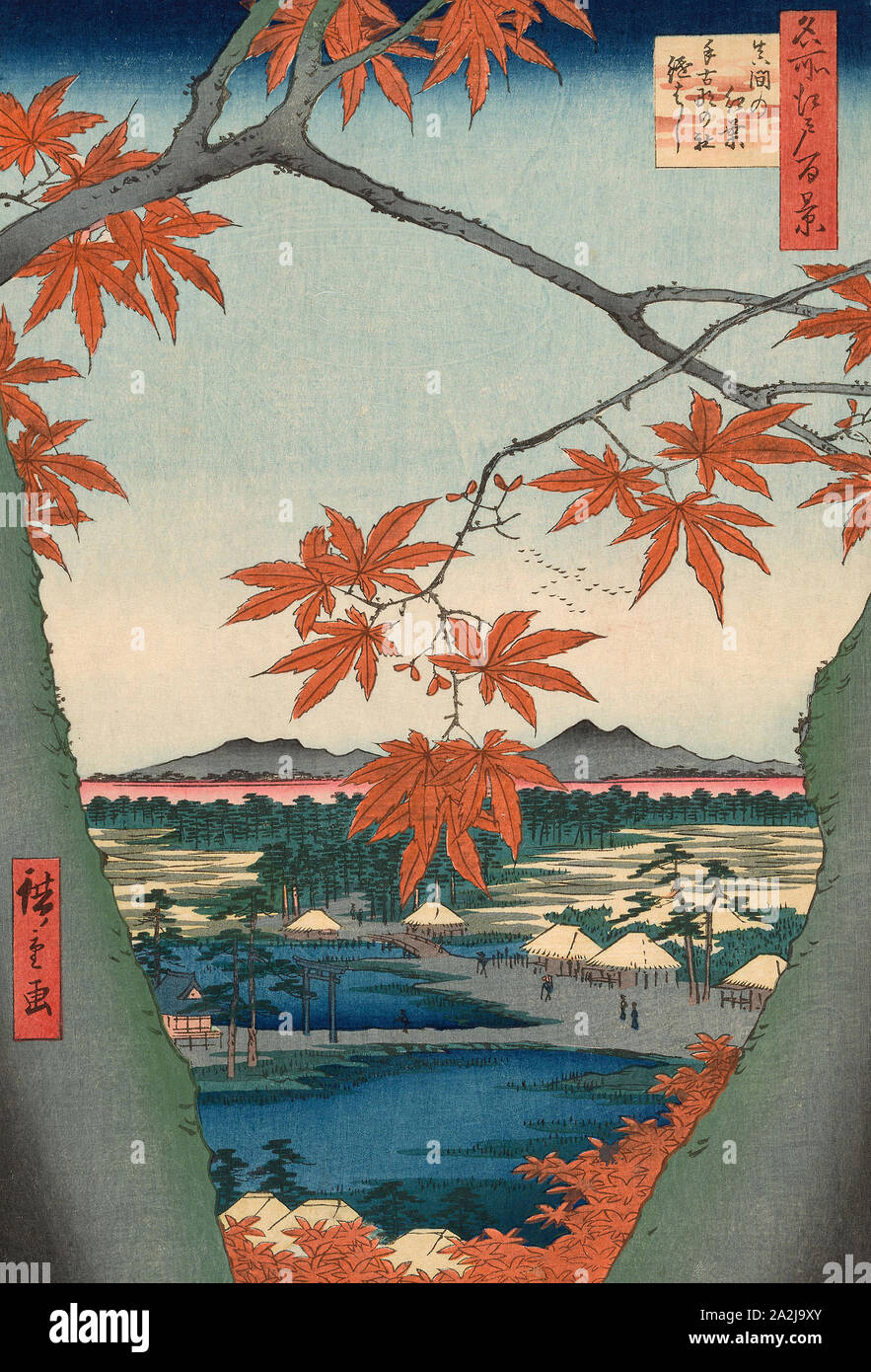 Maple Trees at Mama, Tekona Shrine and Tsugi Bridge (Mama no momiji, Tekona no yashiro, Tsugihashi), from the series One Hundred Famous Views of Edo (Meisho Edo hyakkei), 1857, Utagawa Hiroshige 歌川 広重, Japanese, 1797-1858, Japan, Color woodblock print, oban, 36.1 x 24.4 cm (14 1/4 x 9 9/16 in Stock Photo