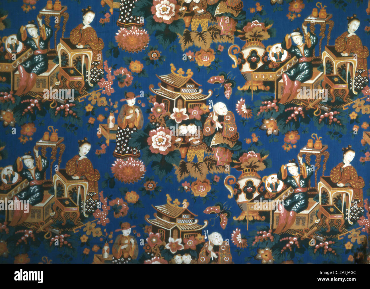 A Chinese Tea Party (Furnishing Fabric), c. 1854, Manufactured by Daniel Lee & Co. (English, active 1876-1900), England, Manchester, Manchester, Cotton, plain weave, roller printed, 229.9 x 221.4 cm (90 1/2 x 87 in Stock Photo