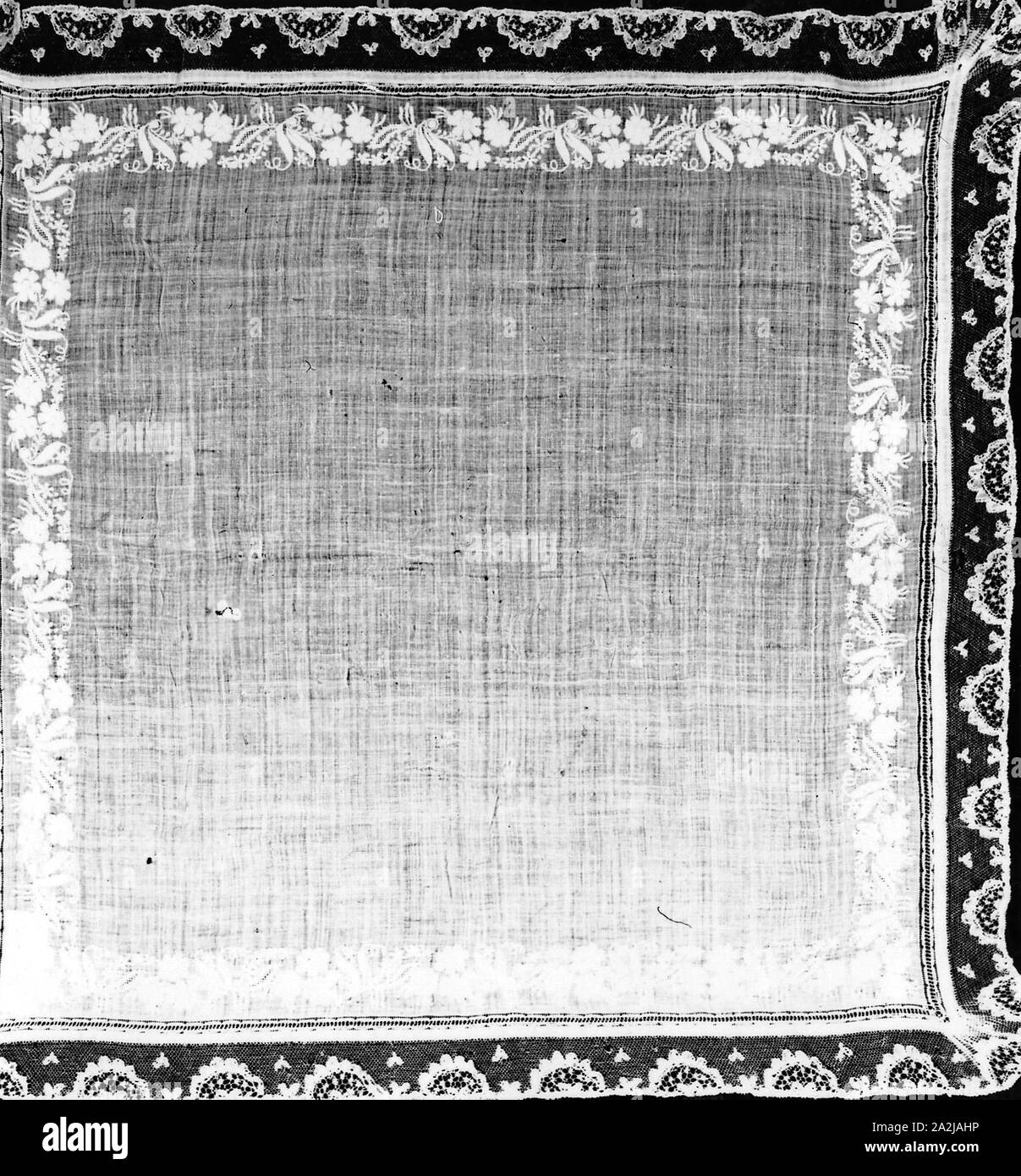 Border, Medium: linen Technique: needle lace, Small-scale design of short  curving branches with flowers and sprigs. Pattern has varying degrees of  raised work with some areas showing graduated padding covered with  buttonhole
