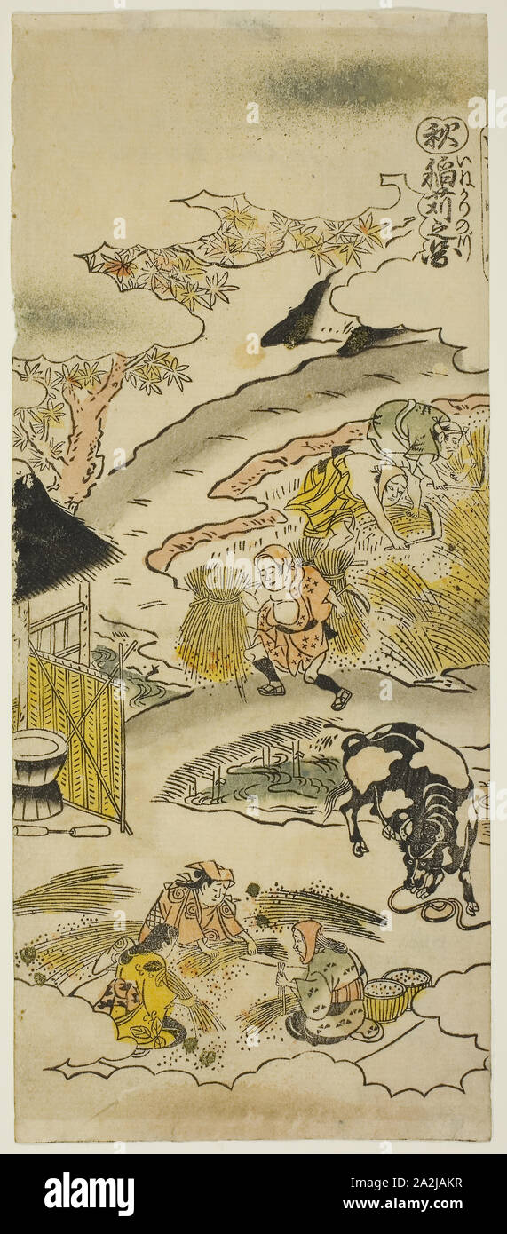 Autumn: Harvesting Rice (Aki: inekari no zu), No. 3 from the series The Four Seasons of Farmers (Shiki no hyakusho), c. 1730s, Torii Kiyomasu II, Japanese, 1706 (?)–1763 (?), Japan, Hand-colored woodblock print, hosoban, urushi-e, 31 x 13 cm (12 3/16 x 5 /8 in Stock Photo