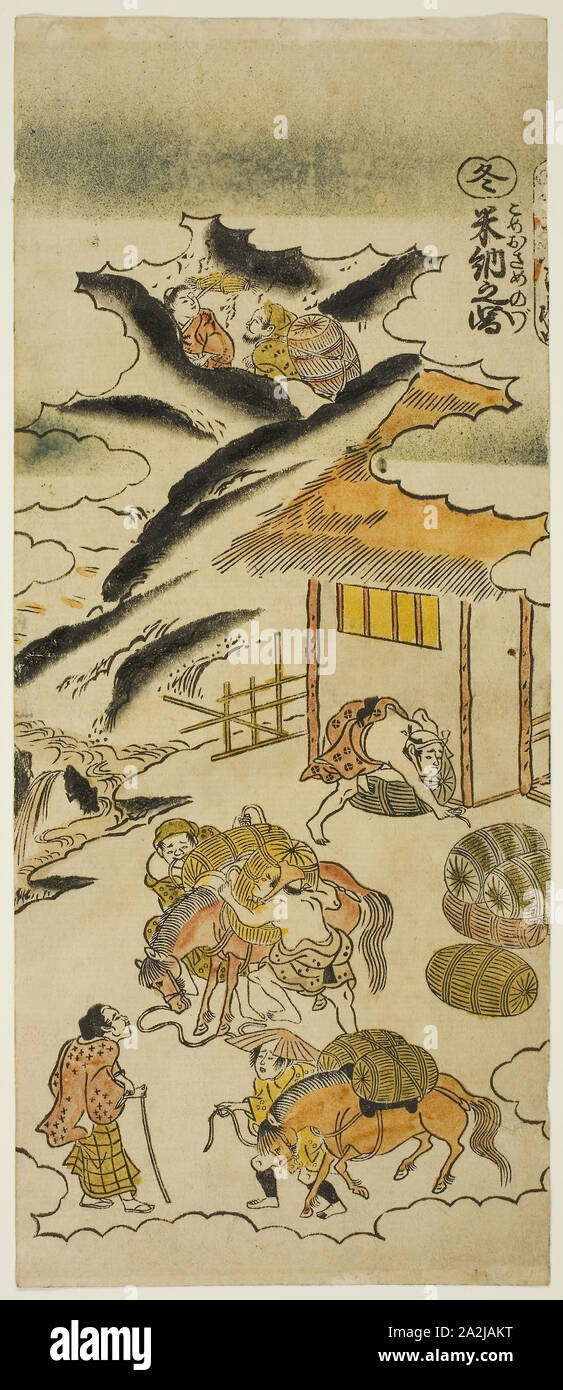 Winter: Storing Rice (Fuyu: kome osame no zu), No. 4 from the series The Four Seasons of Farmers (Shiki no hyakusho), c. 1730s, Torii Kiyomasu II, Japanese, 1706 (?)–1763 (?), Japan, Hand-colored woodblock print, hosoban, urushi-e, 12 1/8 x 5 1/8 in Stock Photo