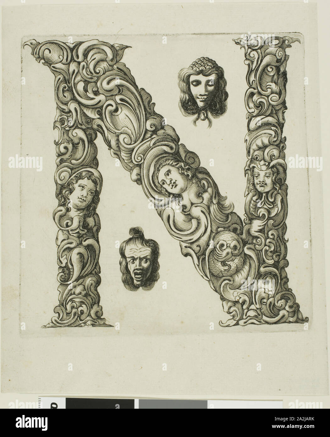 Letter N, 1630, Peter Aubry, German, 1596-1668, Germany, Engraving on paper, 226 x 189 mm Stock Photo