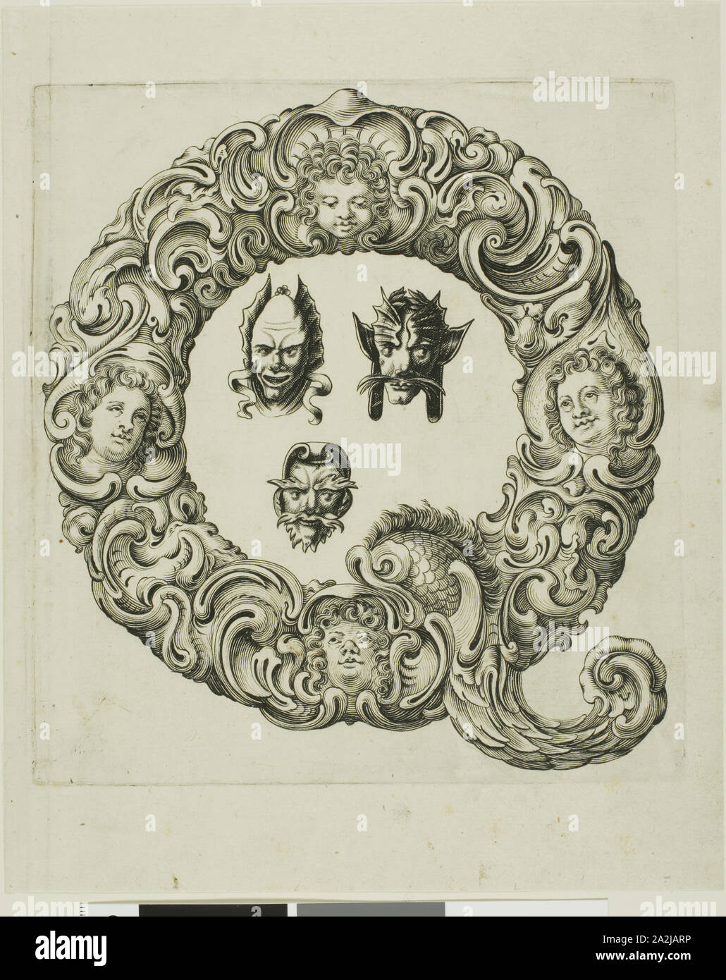 Letter Q, 1630, Peter Aubry, German, 1596-1668, Germany, Engraving on paper, 238 x 193 mm Stock Photo