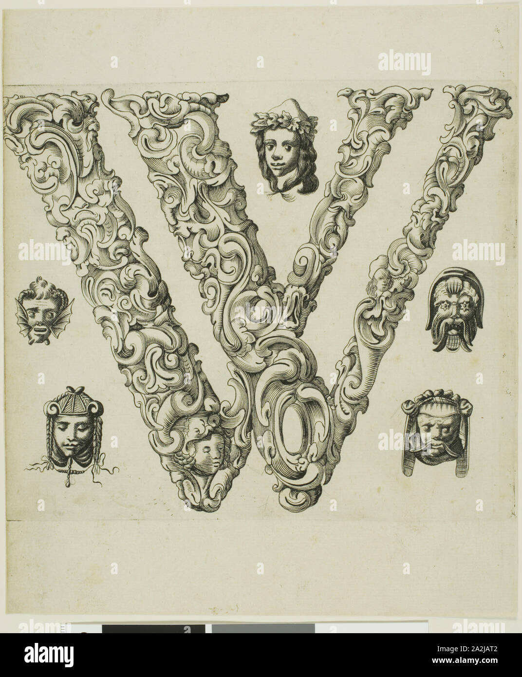 Letter W, 1630, Peter Aubry, German, 1596-1668, Germany, Engraving on paper, 235 x 198 mm Stock Photo