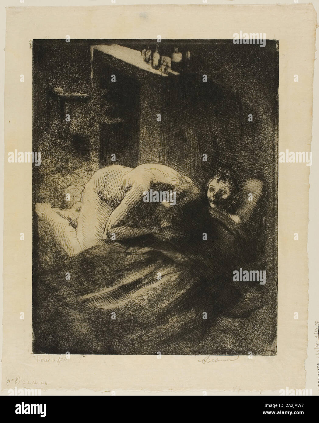 Misery, plate nine from Woman, c. 1886, Albert Besnard, French, 1849-1934, France, Etching and aquatint in black on cream Japanese paper, 318 × 246 mm (image/plate), 389 × 310 mm (sheet Stock Photo