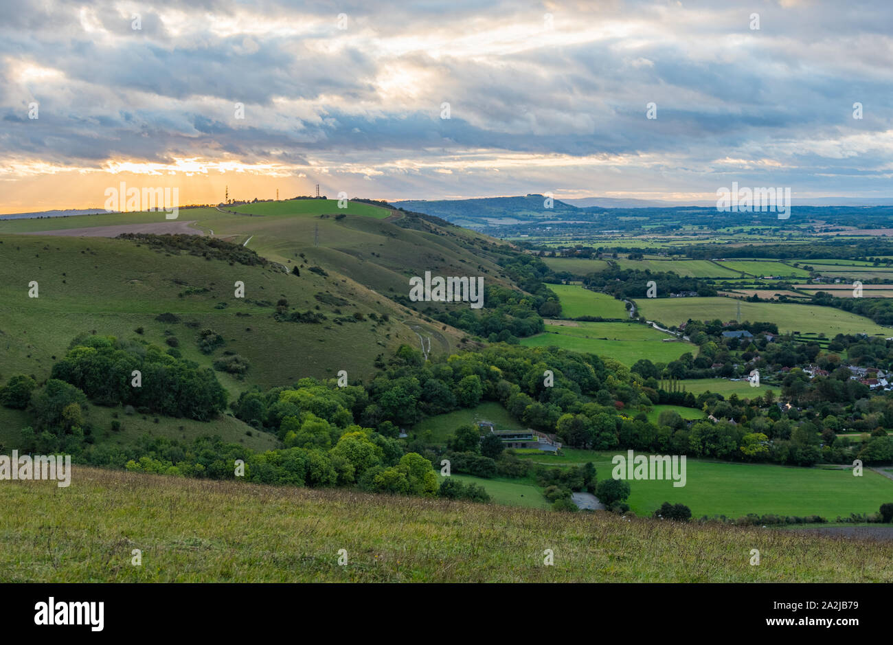 Landscape view from Devil's Dyke car park of hills & villages of the South Downs in the Mid Sussex district of West Sussex, England, UK. Stock Photo