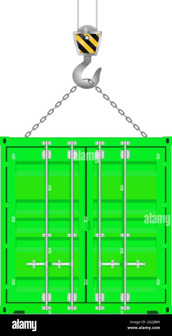 Green shipping freight container on a crane hook Stock Vector