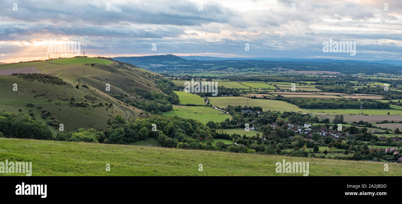 Landscape panoramic view from Devil's Dyke car park of hills & villages of the South Downs in the Mid Sussex district of West Sussex, England, UK. Stock Photo