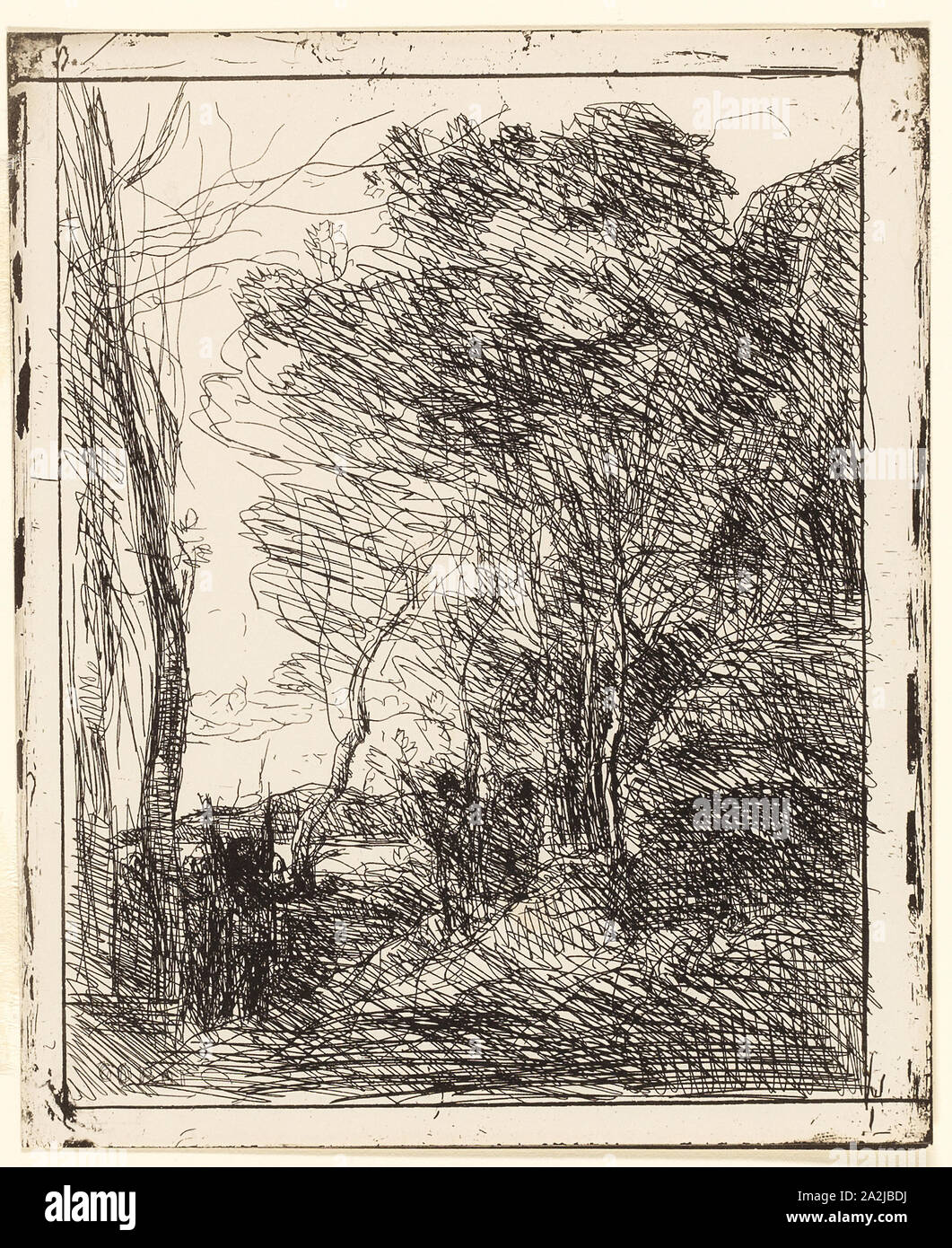 The Gallic Clearing, 1857, Jean-Baptiste-Camille Corot, French, 1796-1875, France, Cliché-verre on ivory photographic paper, 183 × 142 mm (image), 200 × 163 mm (sheet Stock Photo