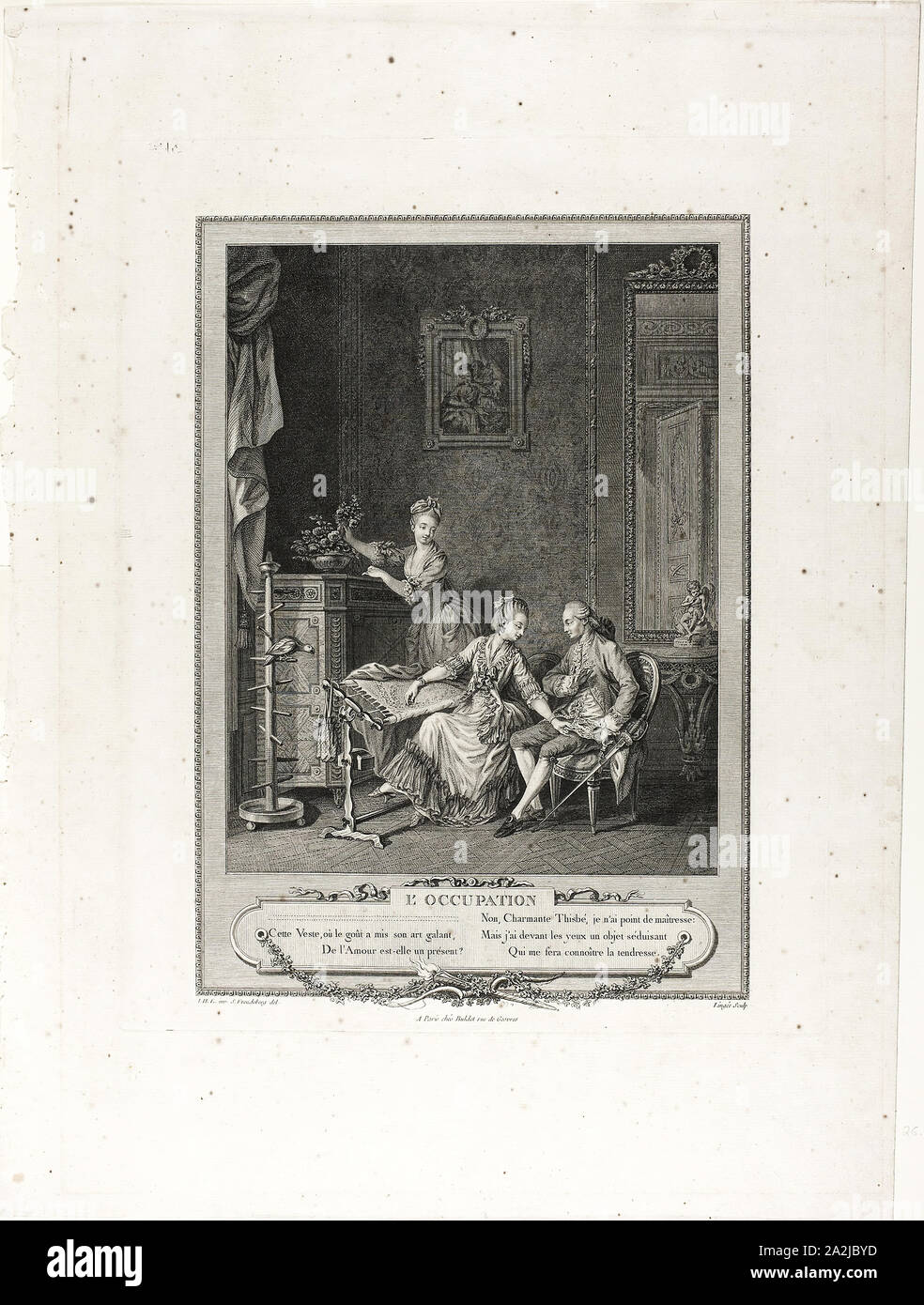 The Occupation, from Monument du Costume Physique et Moral de la fin du Dix-huitième siècle, 1774, Charles Louis Lingée (French, 1748-1819), after Sigmund Freudeberg (Swiss, 1745-1801) and Jean Henri Eberts (Swiss, 18th century), published by Laurent-François Prault (French 1712-1780), France, Engraving on paper, 285 × 223 mm (image), 405 × 321 mm (plate), 550 × 413 mm (sheet Stock Photo