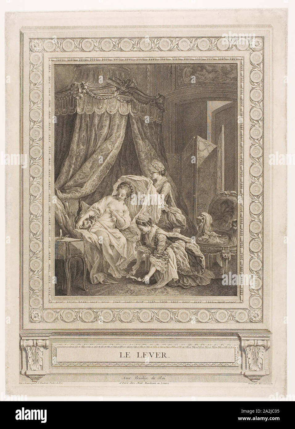 The Rising, 1771, Jean Massard (French, 1740-1822), after Pierre Antoine Baudouin (French, 1723-1769), France, Line engraving (etching and engraving) on ivory laid paper, 382 × 271 mm (image), 401 × 298 mm (plate), 415 × 302 mm (sheet Stock Photo