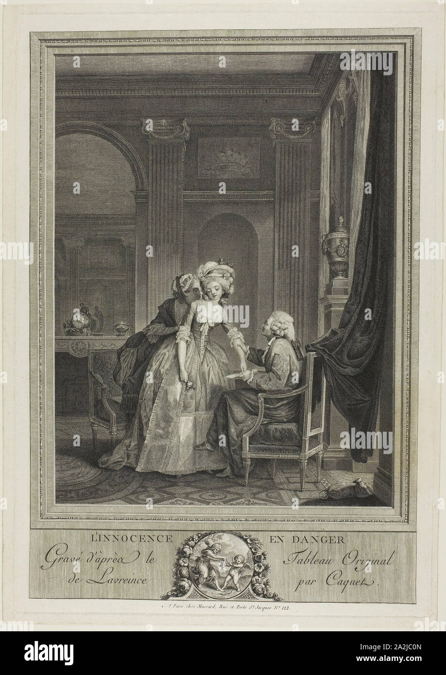 Innocence in Danger, c. 1785, Jean Gabriel Caquet (French, 1749-1802), after Nicolas Lavreince (Swedish, 1737-1807), France, Engraving on ivory laid paper, 370 × 251 mm (image), 387 × 269 mm (plate), 401 × 284 mm (sheet Stock Photo