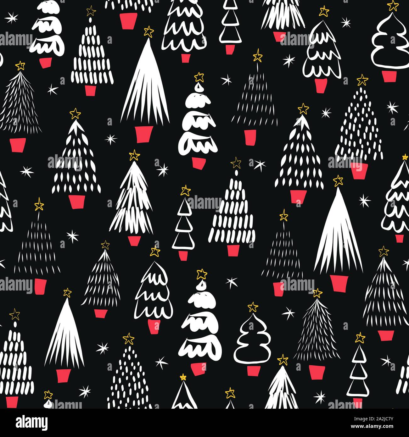 Modern abstract Christmas trees black on white seamless vector pattern. Modern doodle holiday background monochrome. Sketch cartoon Christmas design Stock Vector