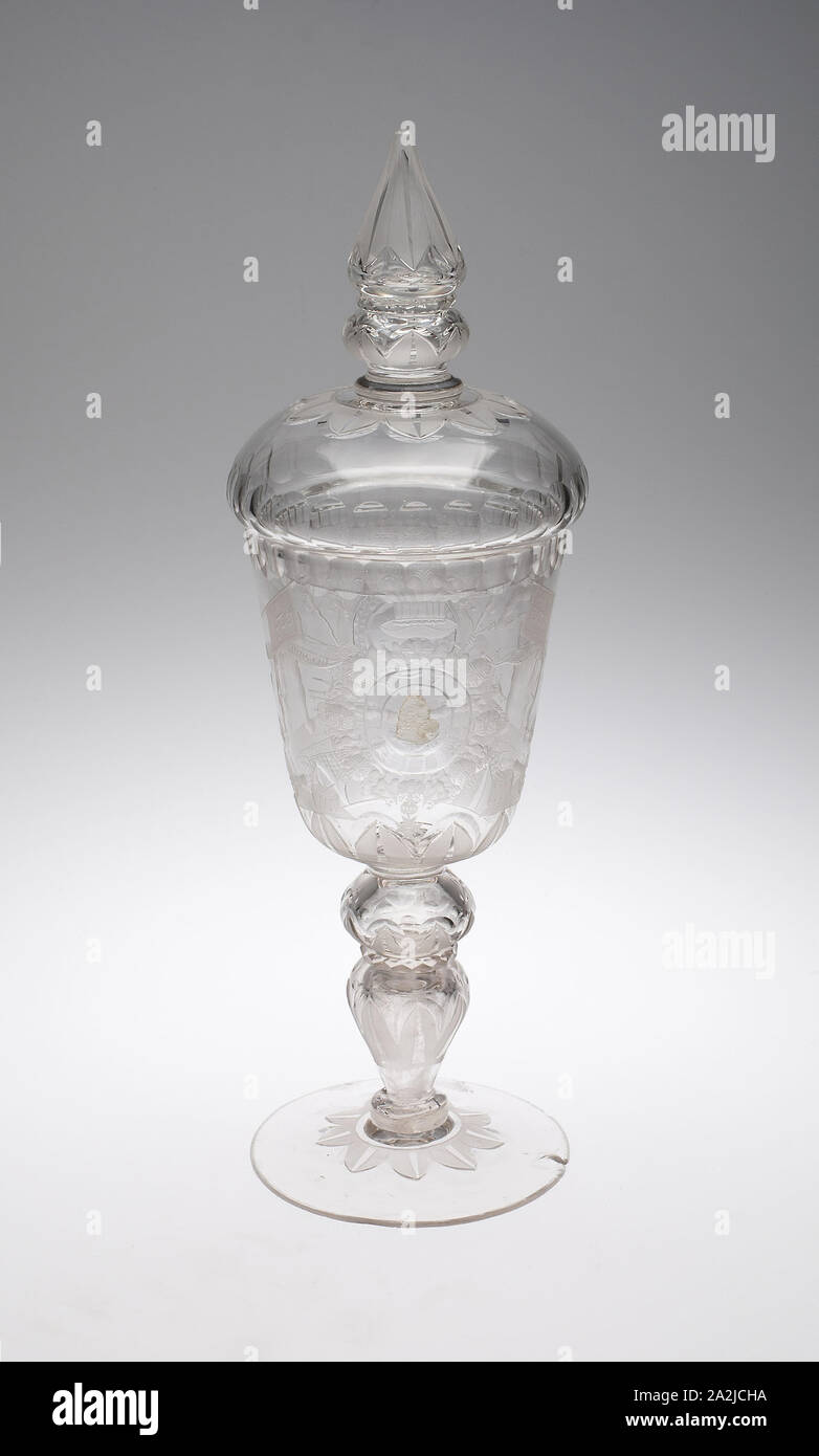 Covered Goblet (Pokal), 1713/20, Germany, Potsdam or Berlin, Germany, Blown and molded glass with engraving and applied medallion, H. 48.3 cm (19 in Stock Photo
