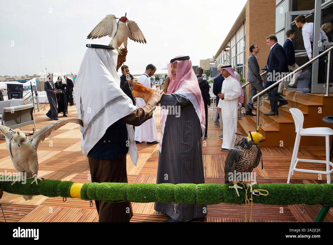 Saudia Arabia Saoedi Arabie Riyad Riaad Formula E race. Male visitor with bird for hunting 15-12-2018   photo Jaco Klamer Stock Photo