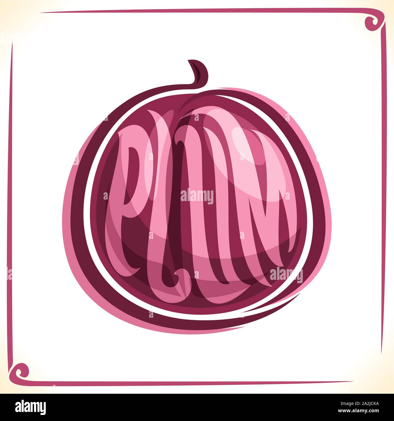 Vector logo for Plum, label with one whole fruit for package of fresh juice or ice cream, price tag with original font for word plum inscribed in frui Stock Vector