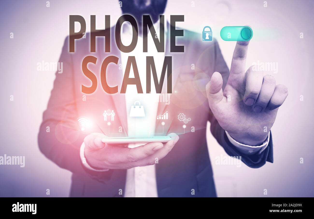 Word writing text Phone Scam. Business photo showcasing getting unwanted calls to promote products or service Telesales Male human wear formal work su Stock Photo
