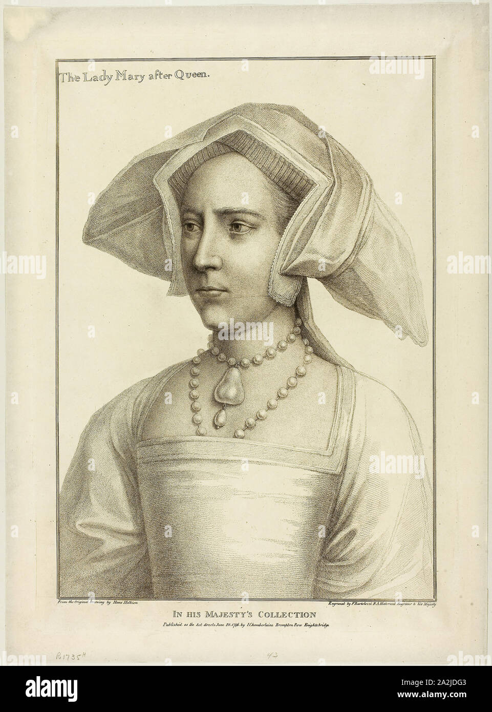 Lady Mary, June 20, 1796, Francesco Bartolozzi (Italian, 1727-1815), after Hans Holbein the younger (German, 1497-1543), Italy, Stipple engraving on ivory wove paper, 401 x 281 mm (image), 442 x 313 mm (plate), 485 x 357 mm (sheet Stock Photo