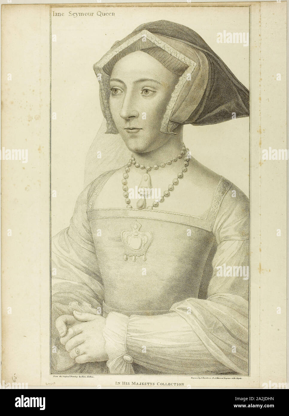 Queen Jane Seymour, March 26, 1795, Francesco Bartolozzi (Italian, 1727-1815), after Hans Holbein the younger (German, 1497-1543), Italy, Stipple engraving on cream wove paper, 521 x 283 mm (image), 540 x 310 mm (plate), 540 x 401(sheet Stock Photo