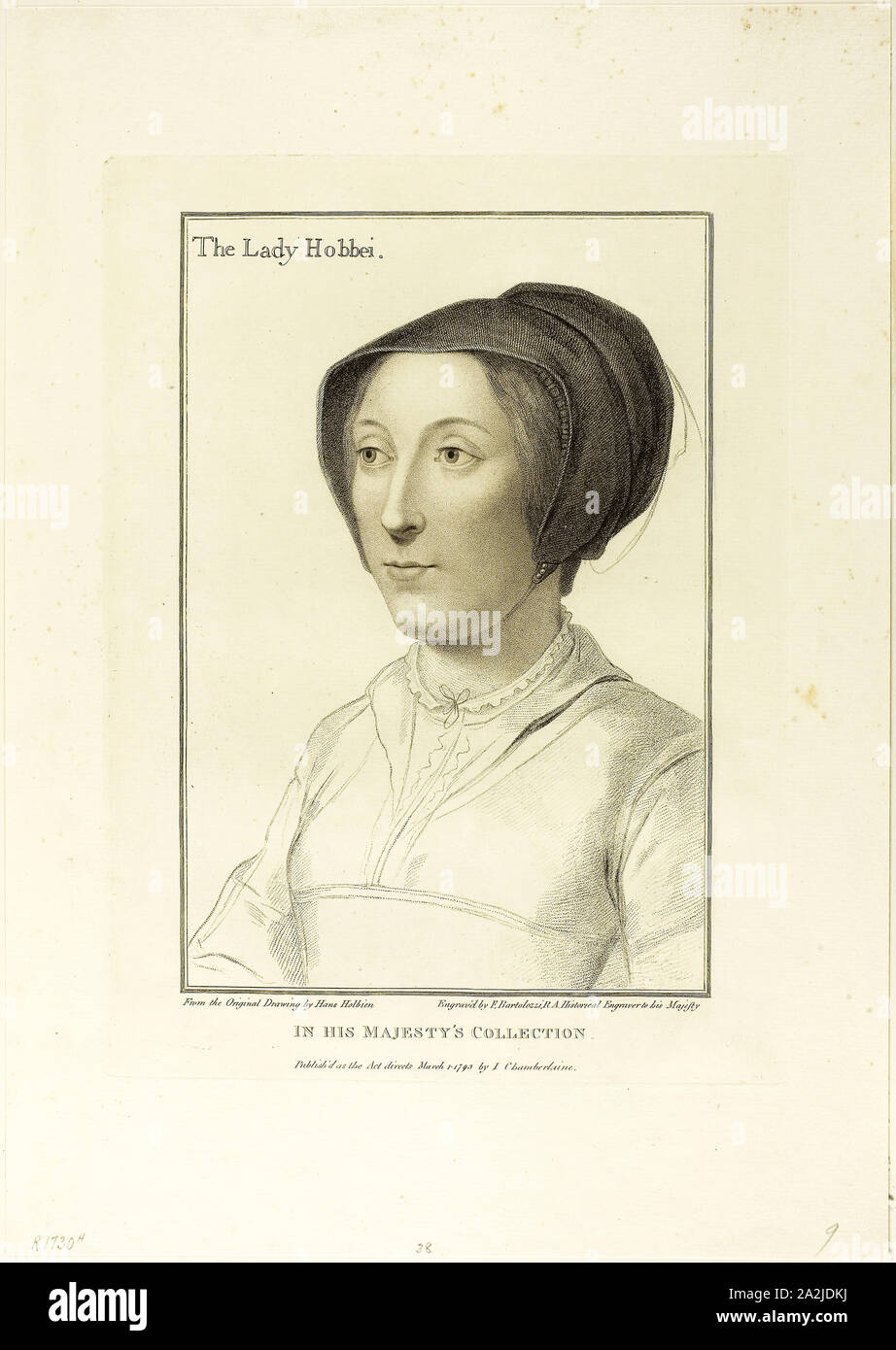 Lady Hobby, March 1, 1793, Francesco Bartolozzi (Italian, 1727-1815), after Hans Holbein the younger (German, 1497-1543), Italy, Stipple engraving on ivory wove paper, 289 x 197 mm (image), 343 x 255 mm (plate), 463 x 327 mm (sheet Stock Photo