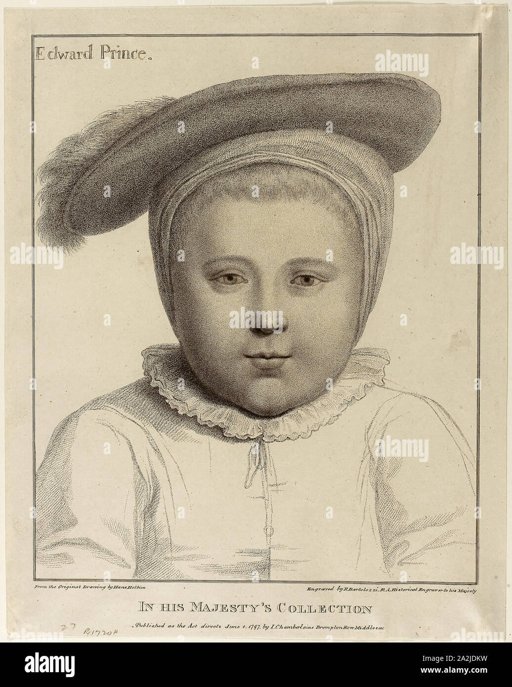 Edward, Prince of Wales, June 1, 1797, Francesco Bartolozzi (Italian, 1727-1815), after Hans Holbein the younger (German, 1497-1543), Italy, Stipple engraving on cream wove paper, 274 x 224 mm (image), 316 x 256 mm (sheet, cut within platemark Stock Photo