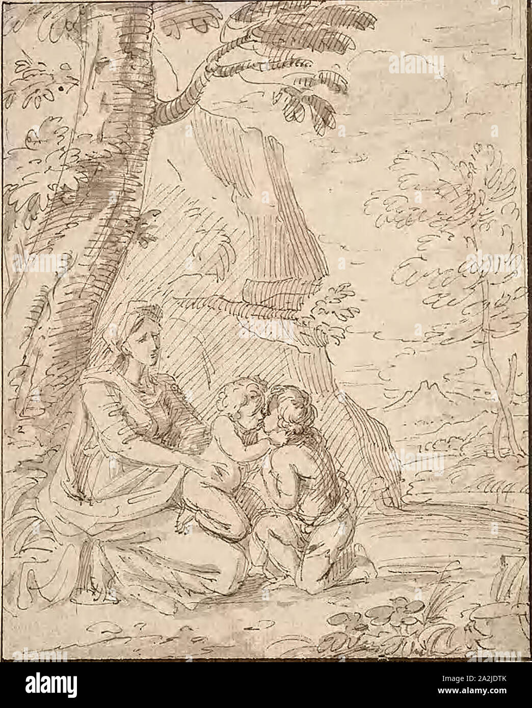 Madonna and Child with the Infant Saint John, n.d., Unknown Italian artist, possibly Circle of Donato Creti (Italian, 1671-1749), possibly Lodovico Carracci (Italian, 1555-1619), Italy, Pen and brown ink with brush and gray wash, on ivory laid paper, laid down on ivory laid paper, 212 x 170 mm Stock Photo