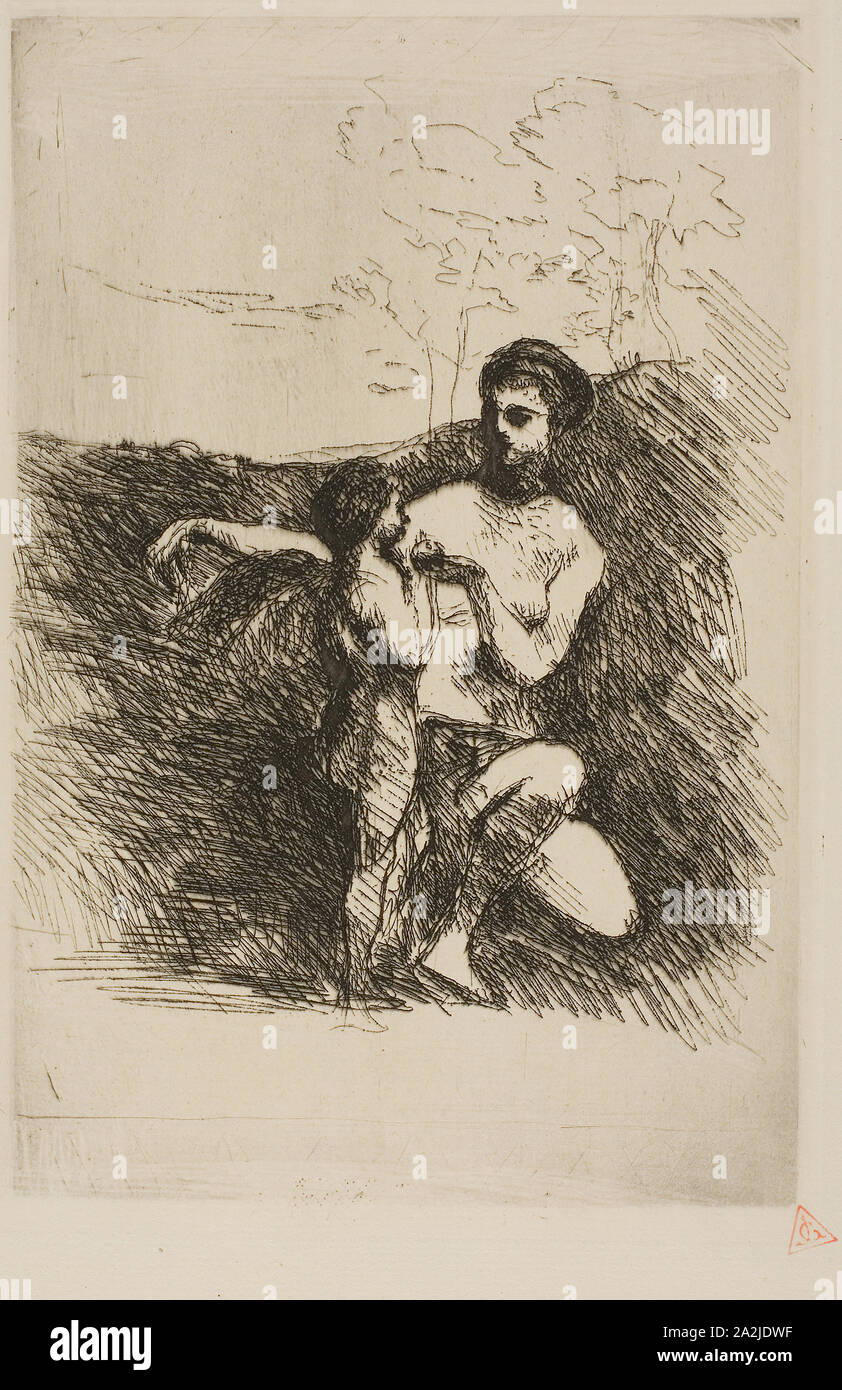Venus Clipping Cupid’s Wings, second plate, 1869–70, Jean-Baptiste-Camille Corot, French, 1796-1875, France, Etching on ivory laid paper, 238 × 160 mm (plate), 390 × 280 mm (sheet Stock Photo