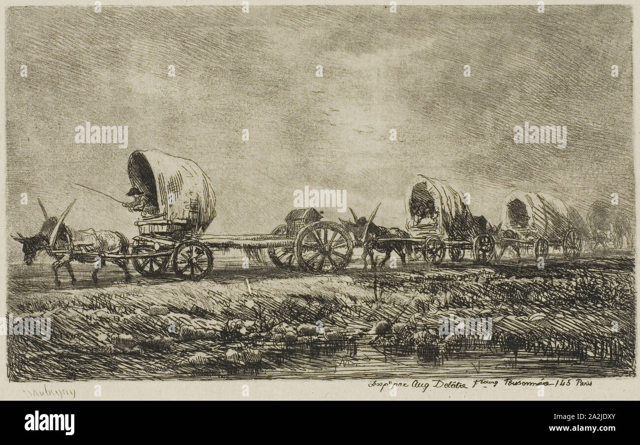 Covered Wagons (Souvenir of the Morvan), 1850, Charles François Daubigny, French, 1817-1878, France, Etching and roulette on cream Japanese paper, 90 × 152 mm (image), 118 × 178 mm (plate), 393 × 262 mm (sheet Stock Photo