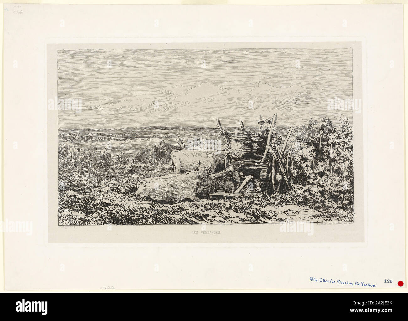 The Vintage (Souvenir of the Morvan), 1865, Charles François Daubigny, French, 1817-1878, France, Etching and drypoint on light gray chine laid down on white wove paper, 197 × 336 mm (image), 239 × 367 mm (plate), 323 × 454 mm (sheet Stock Photo