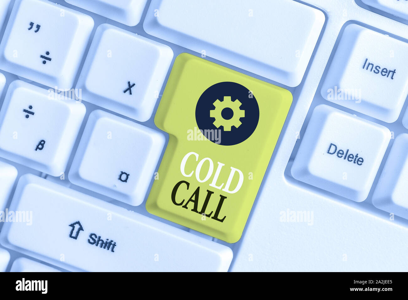 Conceptual hand writing showing Cold Call. Concept meaning Unsolicited call made by someone trying to sell goods or services White pc keyboard with no Stock Photo