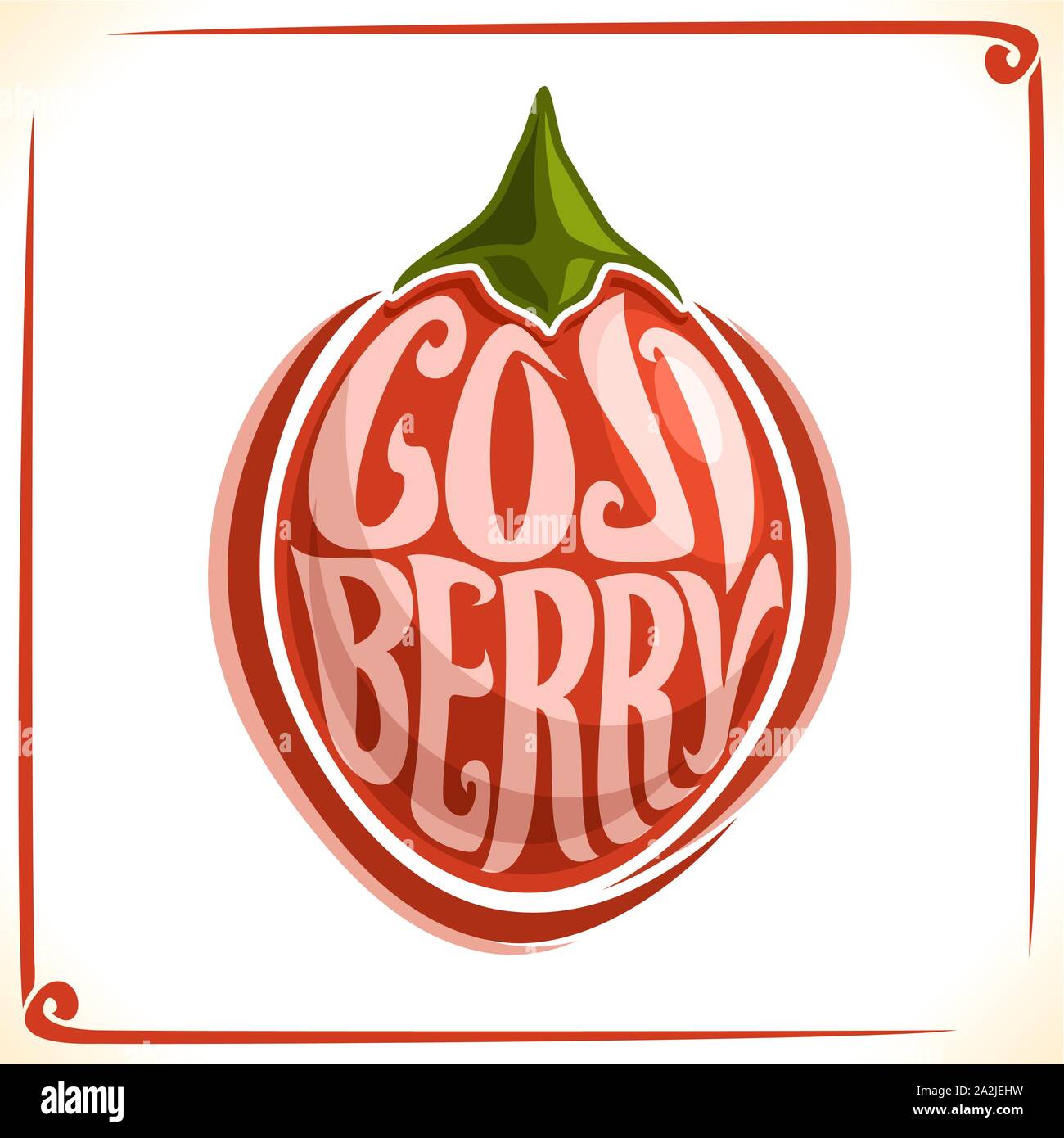 Vector logo for Goji Berry, label with one whole berry for package of fresh juice or hot drink, price tag with original font for words goji berry insc Stock Vector