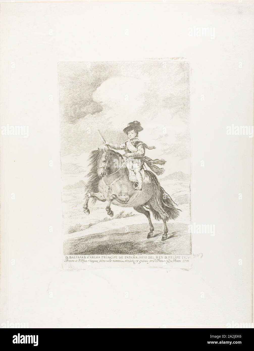 Baltasar Carlos, 1778, Francisco José de Goya y Lucientes (Spanish, 1746-1828), after Diego Velázquez (Spanish, 1599-1660), Spain, Etching and drypoint with engraved inscription on ivory laid paper, 326 x 223 mm (image), 350 x 223 mm (plate), 553 x 431 mm (sheet, folded at bottom Stock Photo