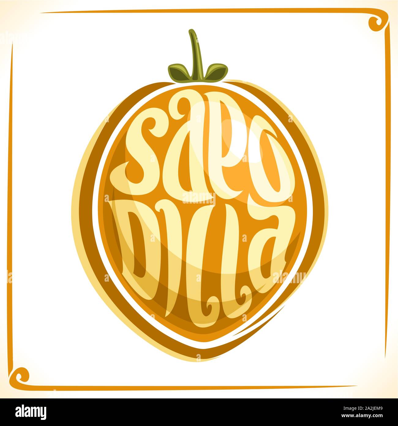 Vector logo for Sapodilla Fruit, label with one chiku sapota for package of fresh juice or ice cream, price tag with original font for word sapodilla Stock Vector