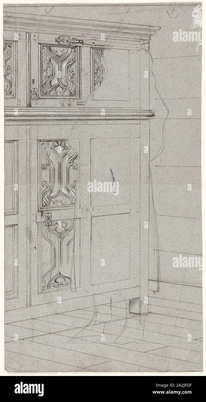 Sketch of a Cabinet, n.d., Henry Stacy Marks, English, 1829-1898, England, Black chalk heightened with white gouache on blue laid paper, 435 × 235 mm Stock Photo