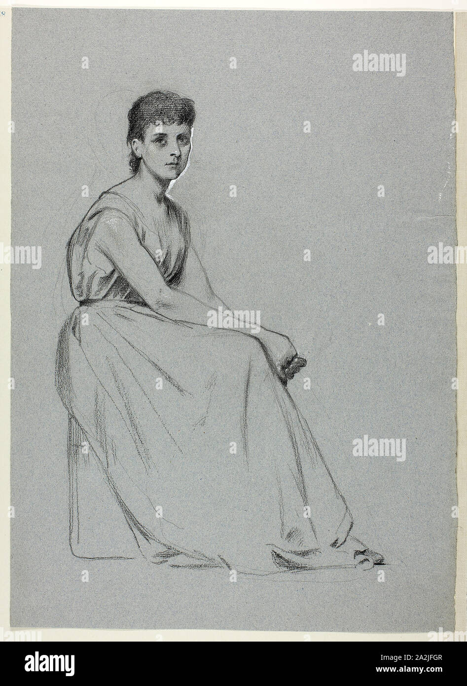 Seated Woman Facing Right, n.d., Henry Stacy Marks, English, 1829-1898, England, Black pastel, heightened with white gouache, on blue laid paper, 441 × 318 mm Stock Photo