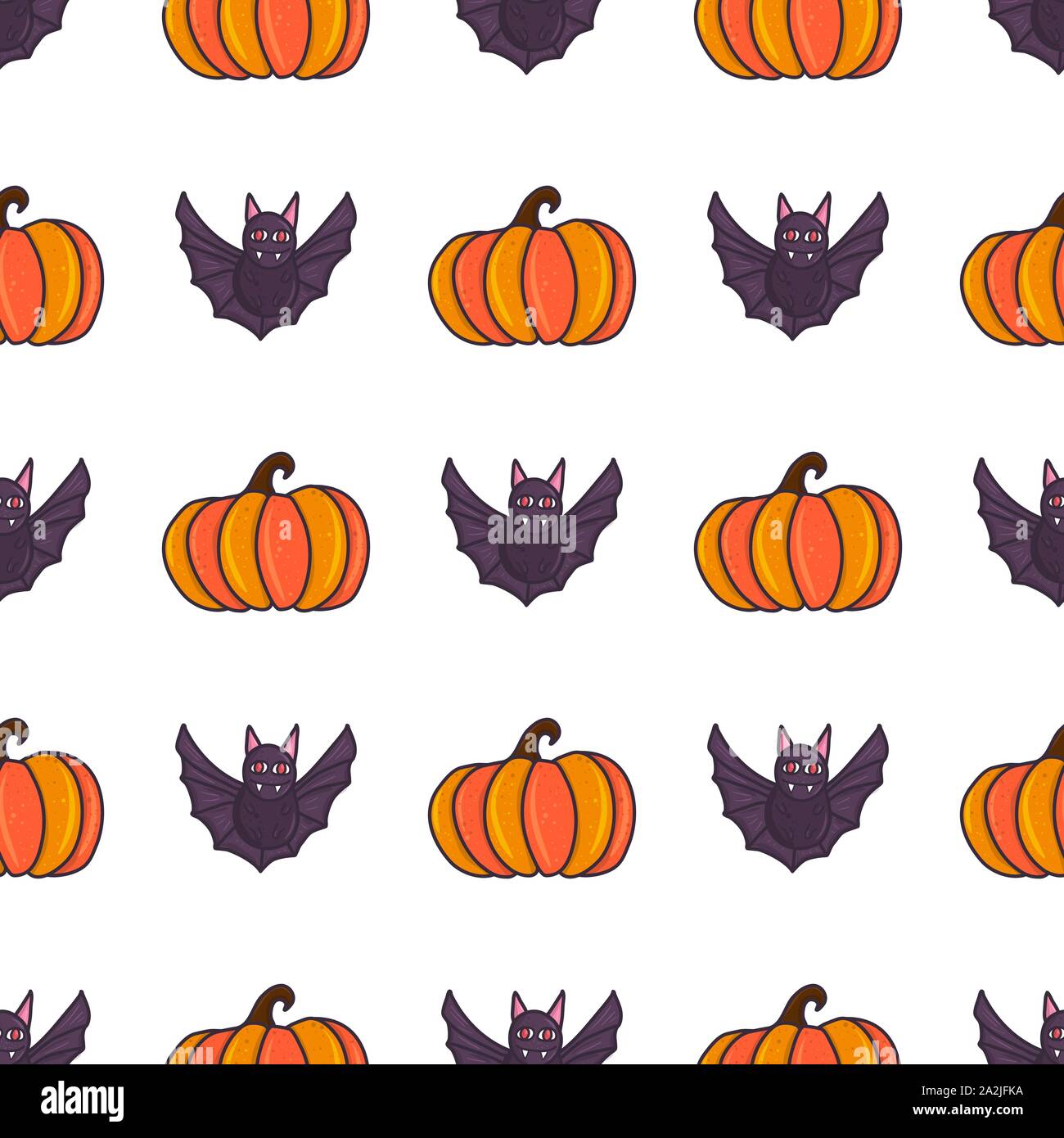 Halloween seamless pattern with bat and pumpkin, hand drawn doodle ...