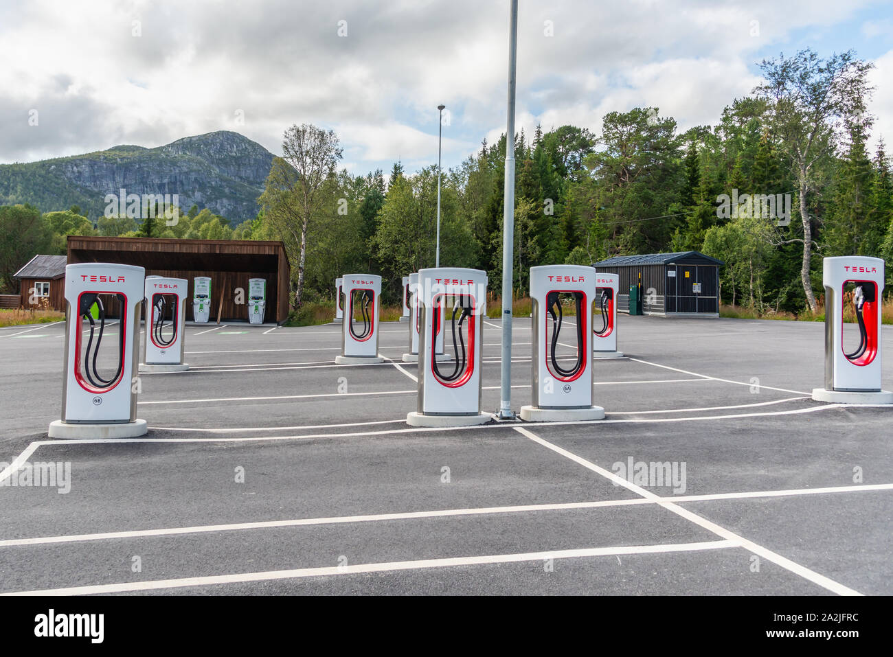 Hovden Norway - 14 August 2019:Tesla charging stations at the motorway services in Norway Stock Photo