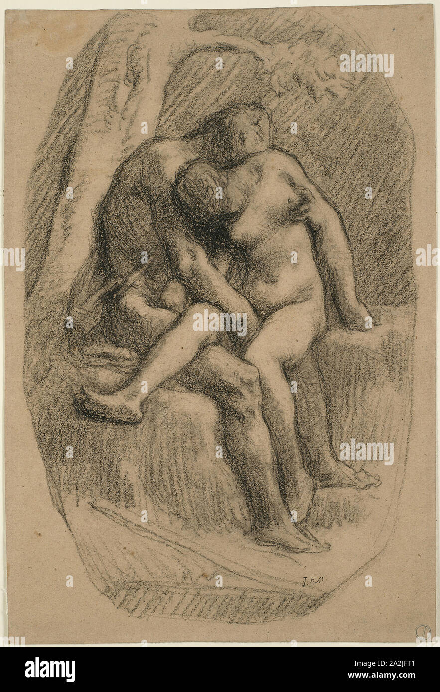 The Lovers, 1846/50, Jean François Millet, French, 1814-1875, France, Black crayon on buff wove paper with blue fibers, 352 × 223 mm Stock Photo