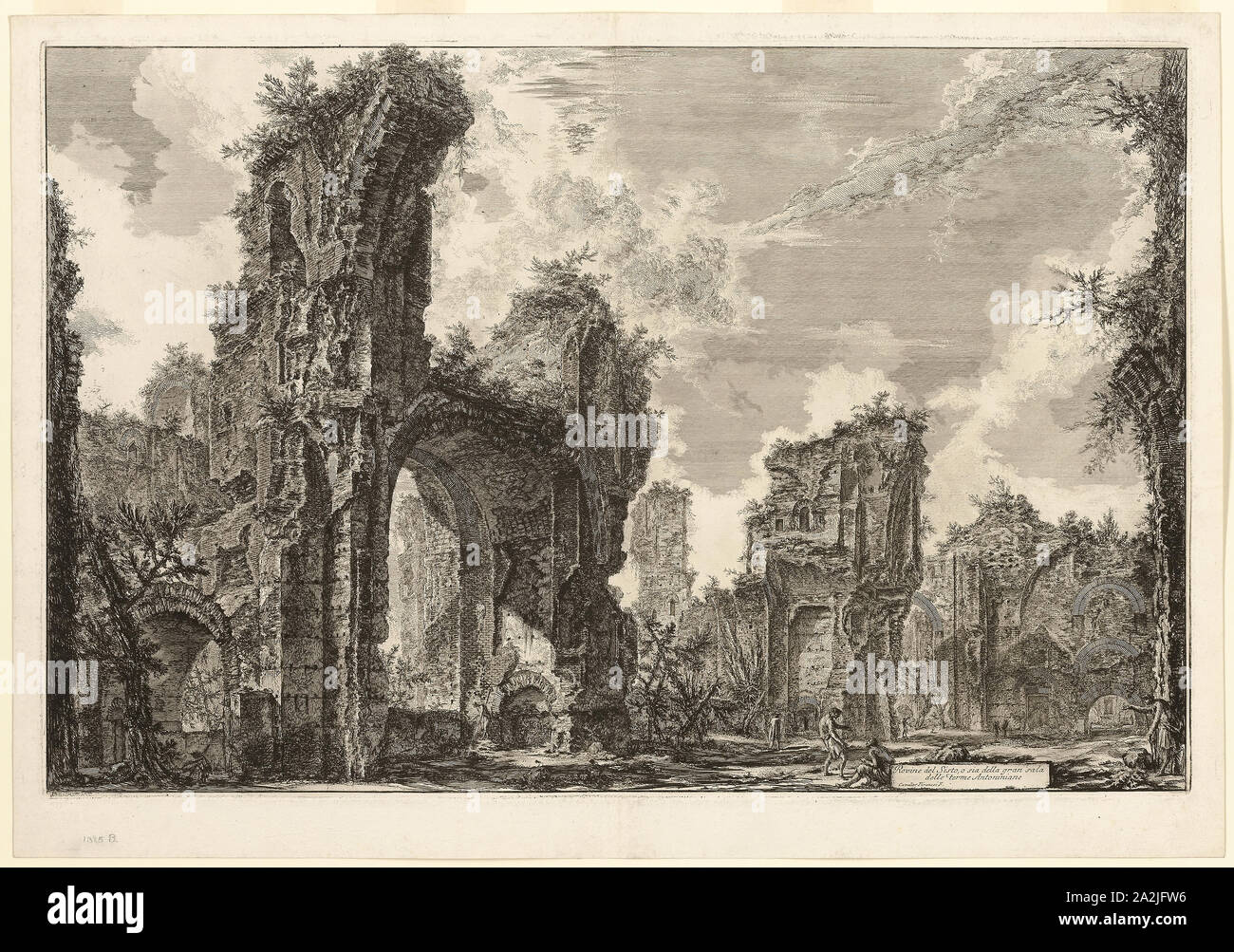 Ruins of the Xystus [a long open portico used for athletic exercises], the central hall of the Antonine Baths [The Baths of Caracalla], from Views of Rome, 1765, Giovanni Battista Piranesi, Italian, 1720-1778, Italy, Etching on heavy ivory laid paper, 425 x 650 mm (image), 430 x 656 mm (plate), 481 x 690 mm (sheet Stock Photo