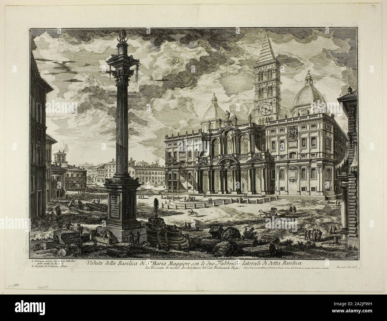 View of the Basilica of S. Maria Maggiore with its two flanking wings, from Views of Rome, 1749, Giovanni Battista Piranesi, Italian, 1720-1778, Italy, Etching on heavy ivory laid paper, 383 x 542 mm (image), 401 x 548 mm (plate), 474 x 620 mm (sheet Stock Photo