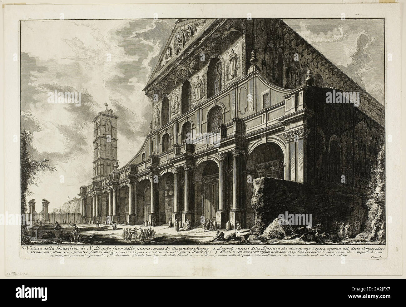 View of the Basilica of S. Paolo fuori delle Mura [St. Paul outside the Walls], built by Constantine the Great, from Views of Rome, 1750/59, Giovanni Battista Piranesi, Italian, 1720-1778, Italy, Etching on heavy ivory laid paper, 379 x 612 mm (image), 405 x 617 mm (plate), 458 x 665 mm (sheet Stock Photo